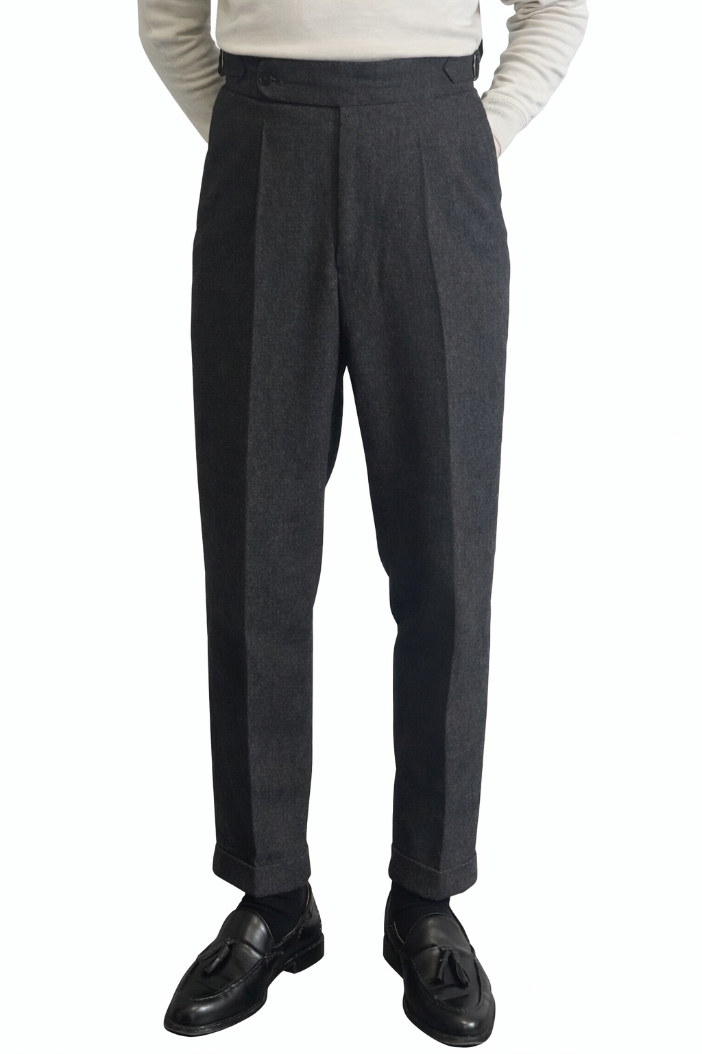 ベルトレスウールスラックス