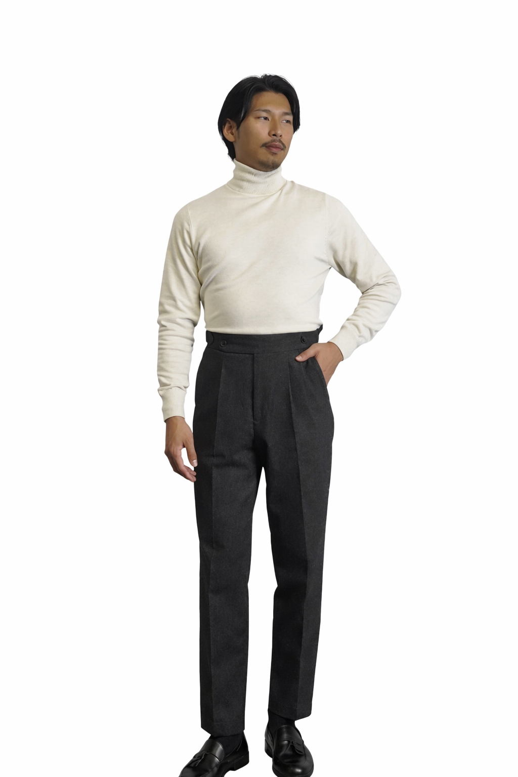 ベルトレスウールスラックス