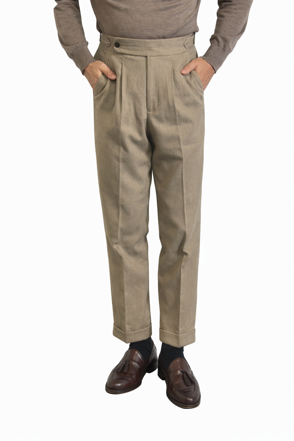 ベルトレスウールスラックス